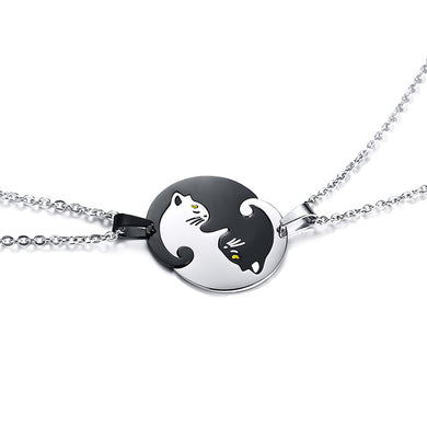 Friends Jewelry Couples Gifts Set of 2 Yin Yang Cat Pendants Necklace in Stainless Steel Interlocking Like a Puzzle