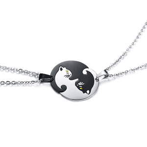Friends Jewelry Couples Gifts Set of 2 Yin Yang Cat Pendants Necklace in Stainless Steel Interlocking Like a Puzzle