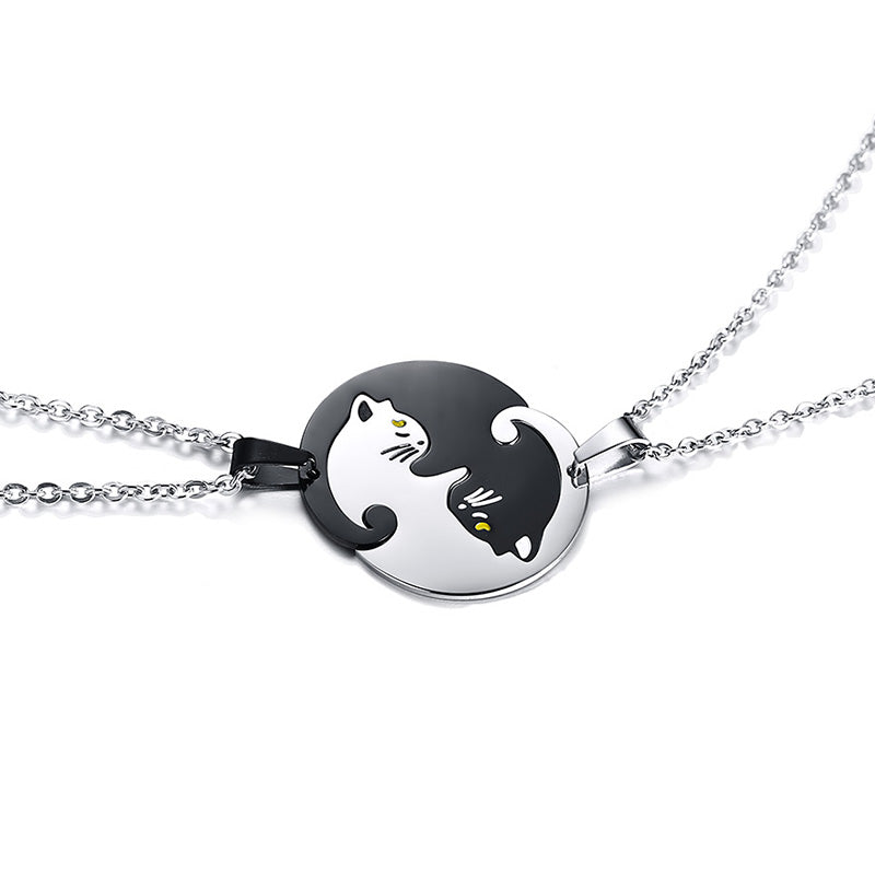 Friends Jewelry Couples Gifts Set of 2 Yin Yang Cat Pendants Necklace in Stainless Steel Interlocking Like a Puzzle