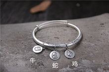 Carica l'immagine nel visualizzatore di Gallery, Antiqued S999 Expandable Wire Bangle Three Chinese Zodiac Charms Bracelet Wire Bangle Size Adjustble 5mm 31G TYC101