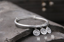 Carica l'immagine nel visualizzatore di Gallery, Antiqued S999 Expandable Wire Bangle Three Chinese Zodiac Charms Bracelet Wire Bangle Size Adjustble 5mm 31G TYC101