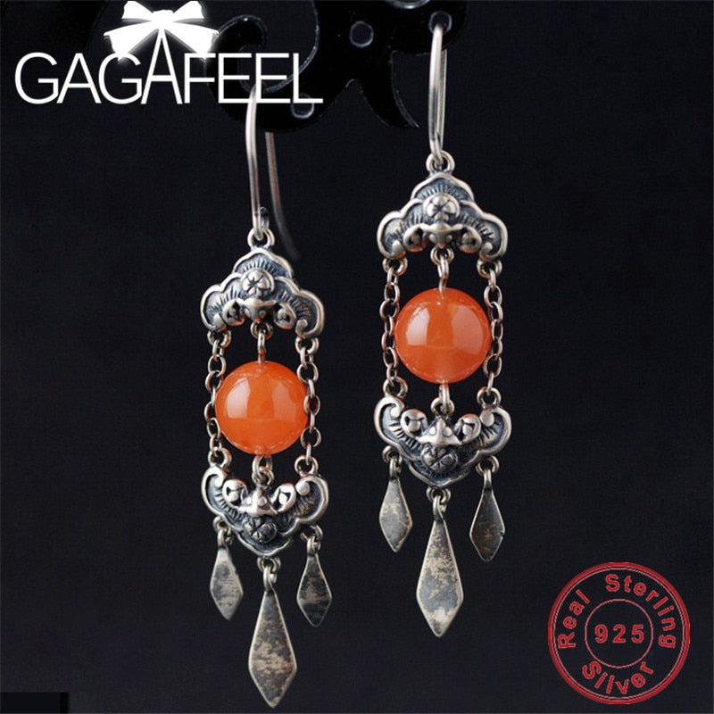 GAGAFEE 100% Real 925 Sterling Silver Hanging Earrings for Women Female Red Stone Thai Silver Jewelries High Quality