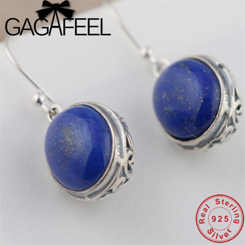 Hollow Blue Stone Earrings 100% 925 Sterling Silver Earring for Women Female Vintage Jewelry