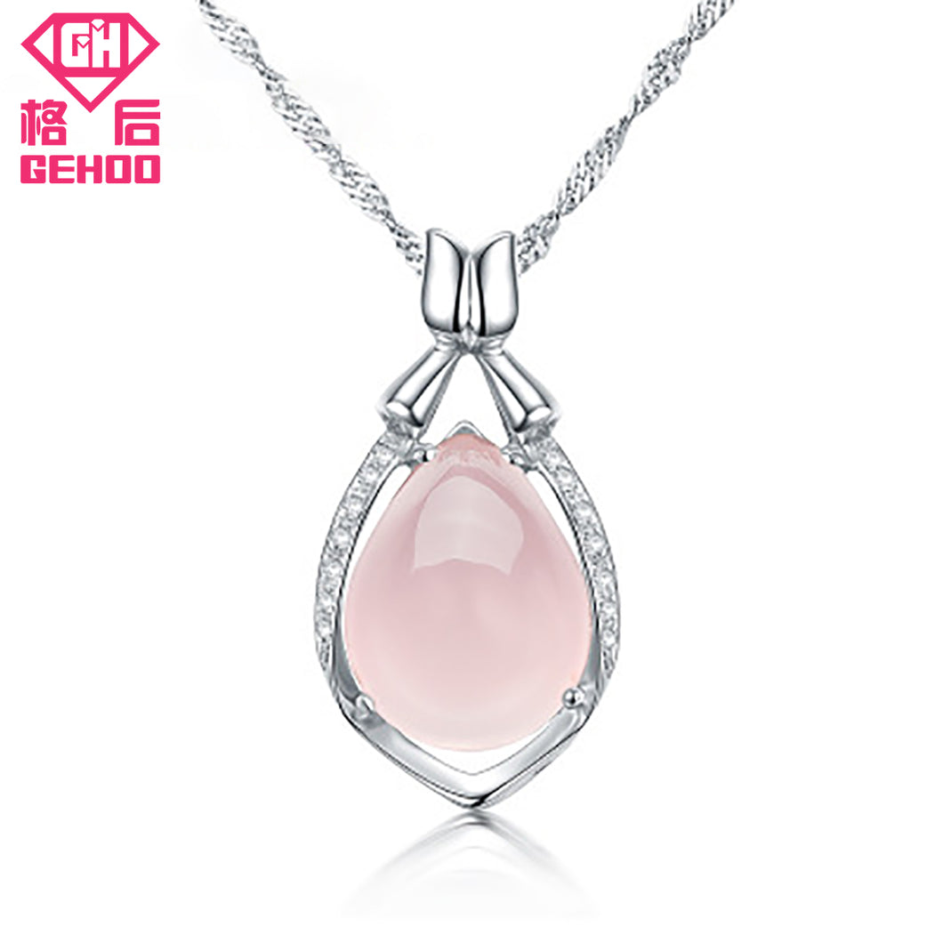 2018 New 925 Sterling Silver Pendent Water Drop Necklace Pink Clolor Rose Quartz Zircon For Lady Nice Gift Collier Pour