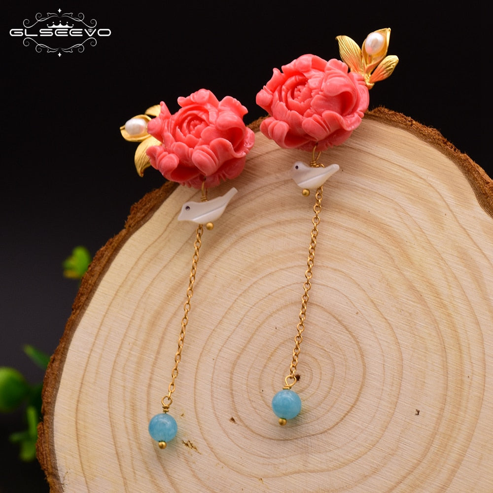 925 Sterling Silver Coral Powder Drop Earrings For Women Natural Blue Crystal Bird Flower Dangle Earring Jewelry GE0413