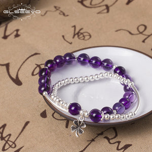 925 Sterling Silver Natural Stone Amethyst Adjustable Combination Women's Bracelets With Flower Charms Jewelry GB0090