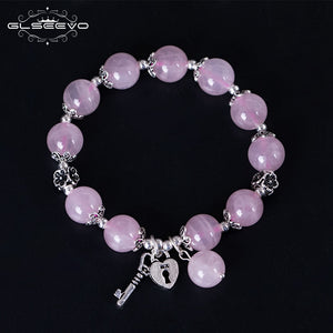 925 Sterling Silver Natural Stone Pink Crystal Gift Adjustable Women's Bracelets With Lock Key Luxury Jewelry GB0071