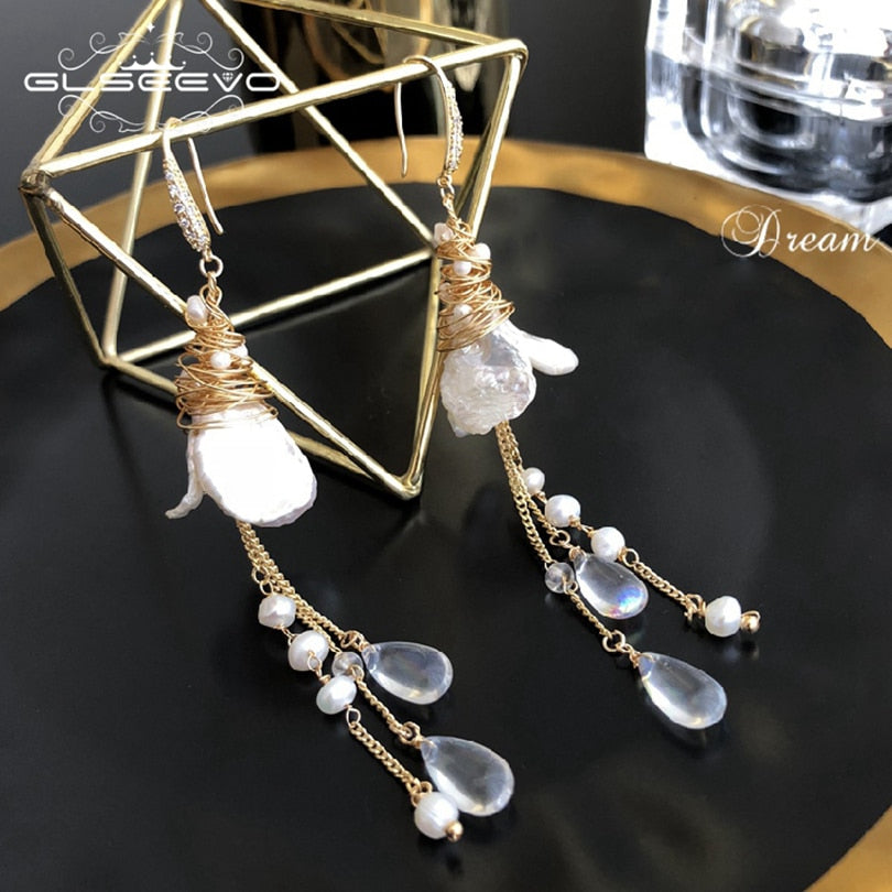 Natural Fresh Water Baroque Pearl Crystal Dangle Earring Long Tassel Drop Earrings For Women Jewelry GE0484