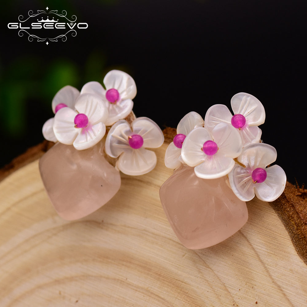 Natural Pink Crystal 925 Sterling Silver Stud Earrings For Women Daughter Gift Shell Flower Earrings Fine Jewelry GE0414