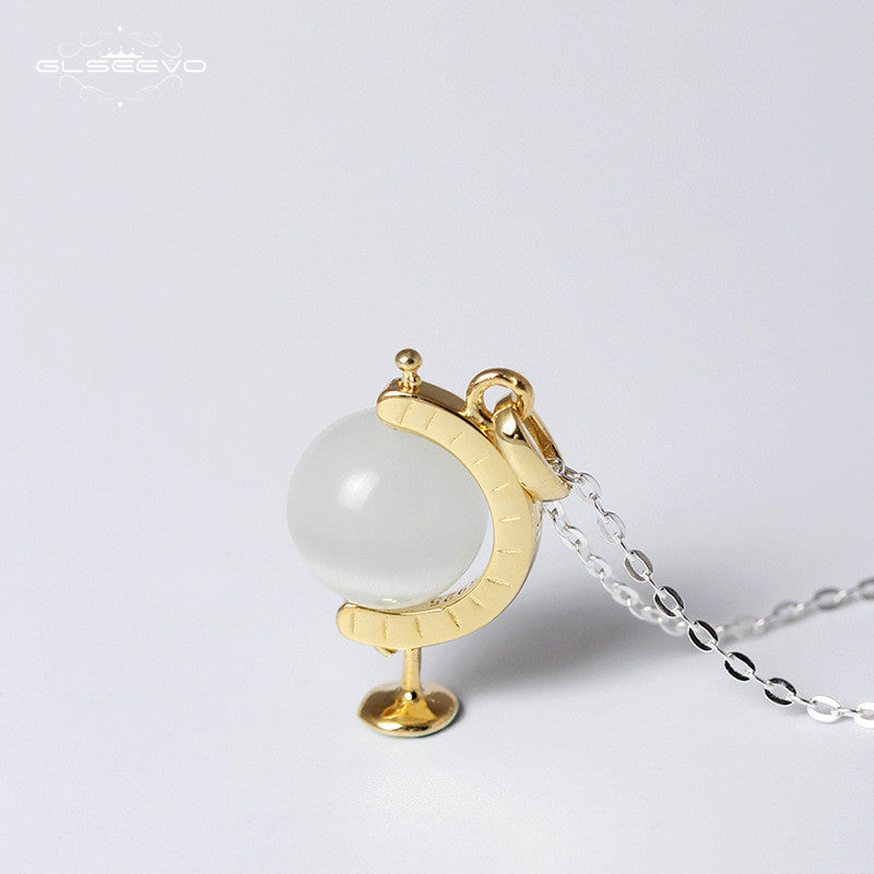Natural Stone Cymophanite Globe Necklaces & Pendants For Moman 925 Sterling Silver Chain Necklace Handmade Colar GN0015B