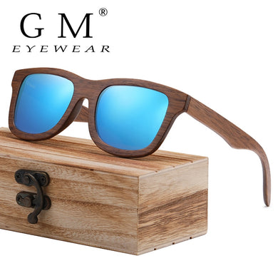 Occhiali da sole GM con montatura in legno noce scuro con lenti a specchio rivestimento Occhiali da sole in bambù Protezione UV400 con scatola di legno S832CB 