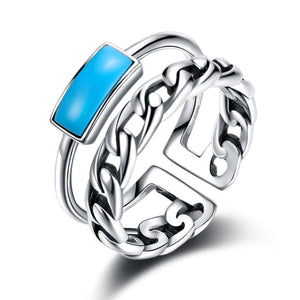2018 New arrived 925 Sterling Silver Fashion Vintage Rectangle BlueTurquoise Double Opening Adjustable Rings