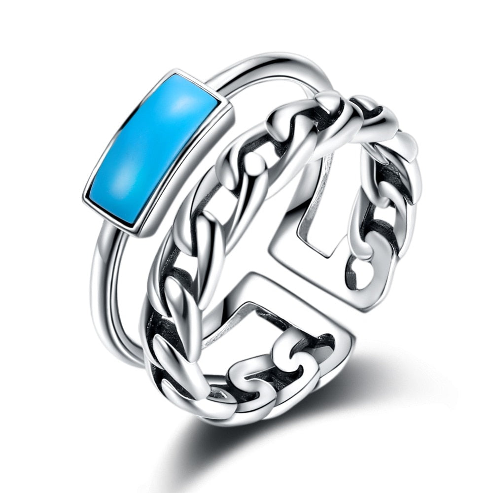 2018 New arrived 925 Sterling Silver Fashion Vintage Rectangle BlueTurquoise Double Opening Adjustable Rings