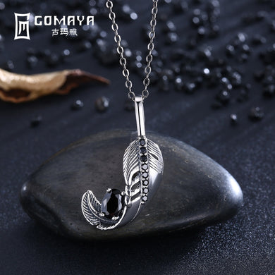 Collana con ciondolo in piuma in argento sterling 925 con zirconi neri per donne Vingate Rotre, gioielleria raffinata, accessori per feste 
