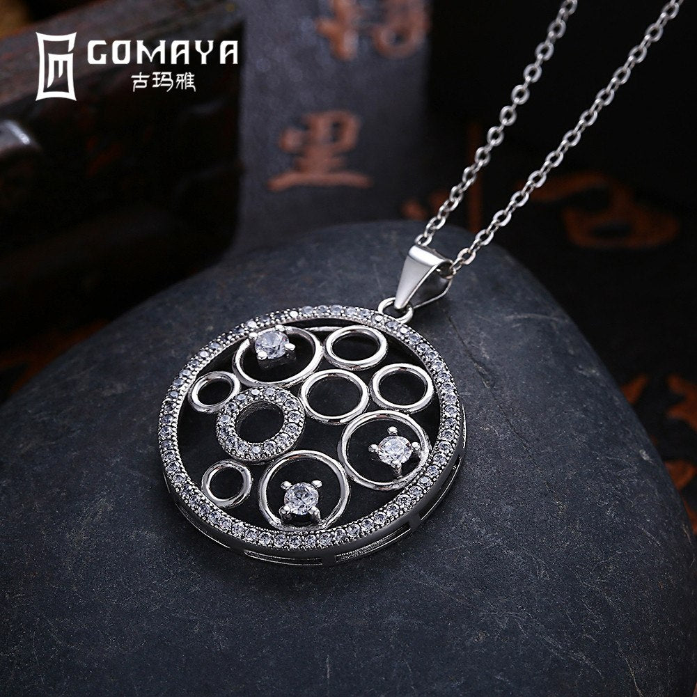 Hollow Round Pendant Necklace with Luxury Zircon for Women Gift 925 Sterling Silver Retro Vintage Fine Jewelry