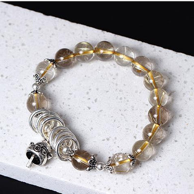 GQTORCH 925 Sterling Silver Natural Crystal Bracelet For Women Gold Rutilated Quartz Beads With Fortune Cat Hand String Bling