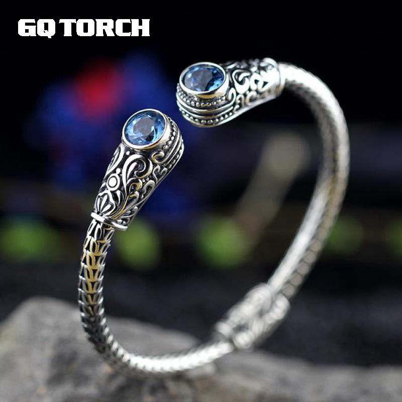 GQTORCH Bracelets & Bangles Real 925 Thai Silver Handmade Jewelry Indonesia Vintage Inlaid Natural Blue Topaz Onyx Crystal