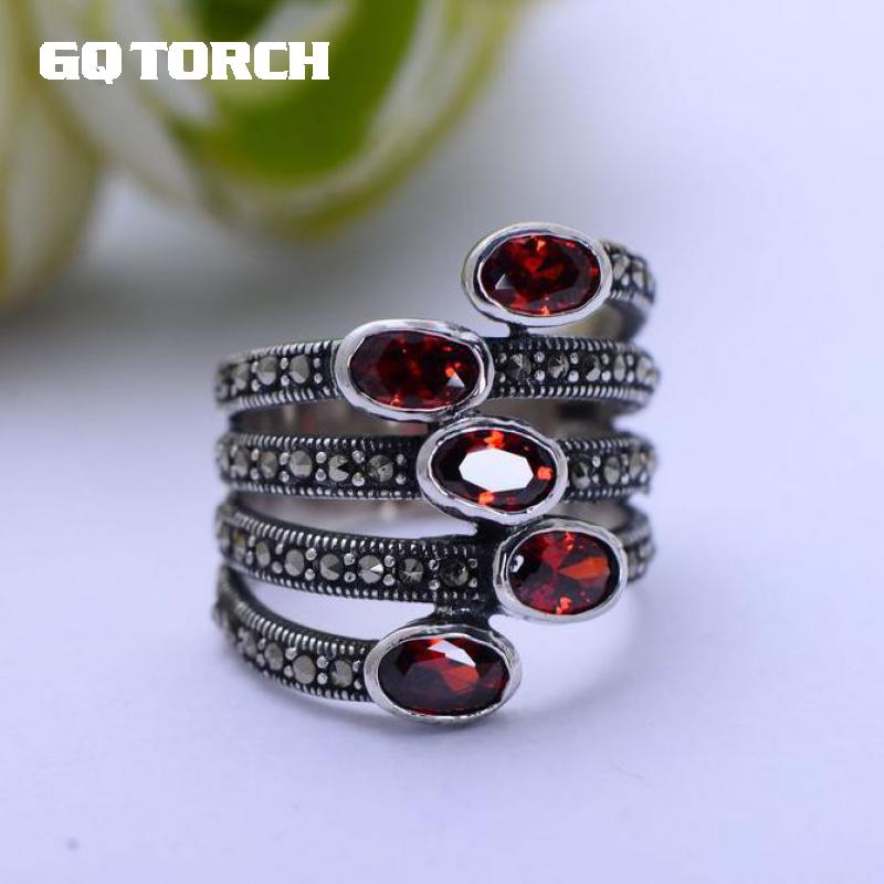 GQTORCH Natural Gemstone Wide Rings For Women Red Garnet Stone Real Pure 925 Sterling Silver Jewelry Marcasite Multi Layer Ring