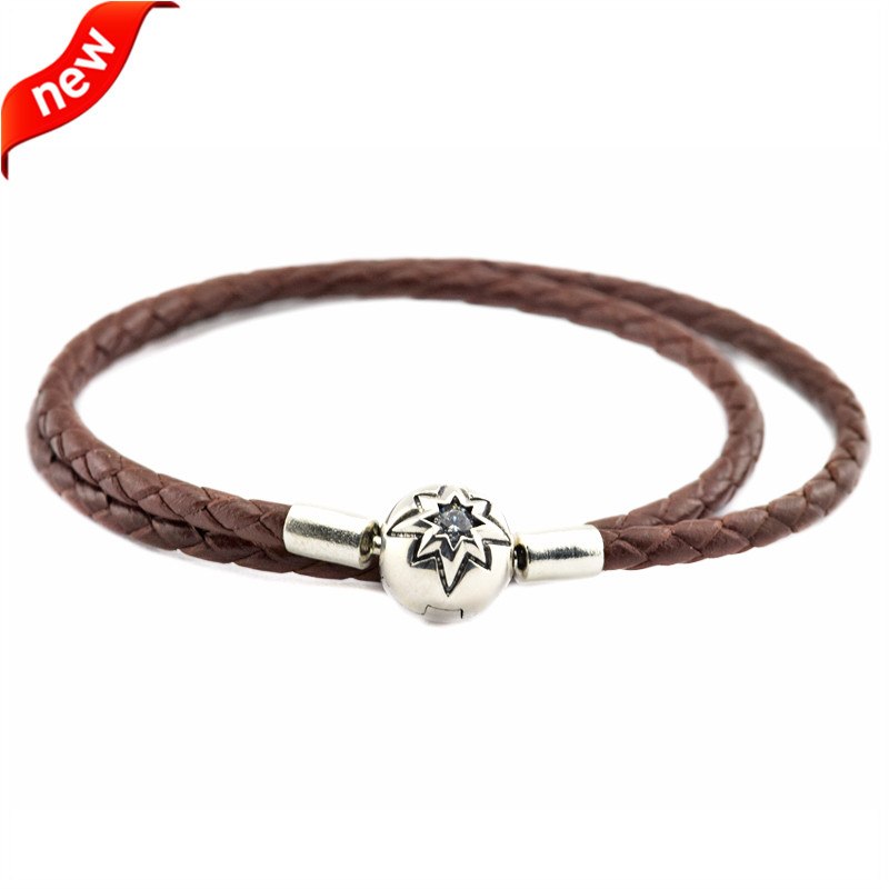 Genuine 925 Silver Jewelry Bracelets for Women DIY Fits Beads Charms Brown Leather Bracelet with Silver Starry Sky Clasp