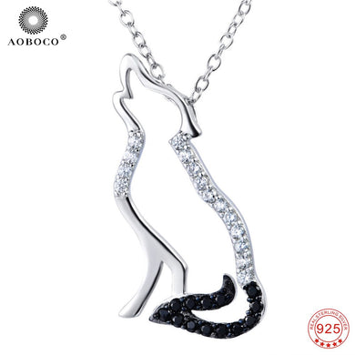 Genuine 925 Sterling Silver Animal Pendant Necklace Fashion Men Jewelry Black and White Cubic Zirconia Wolf Necklace GNX0004