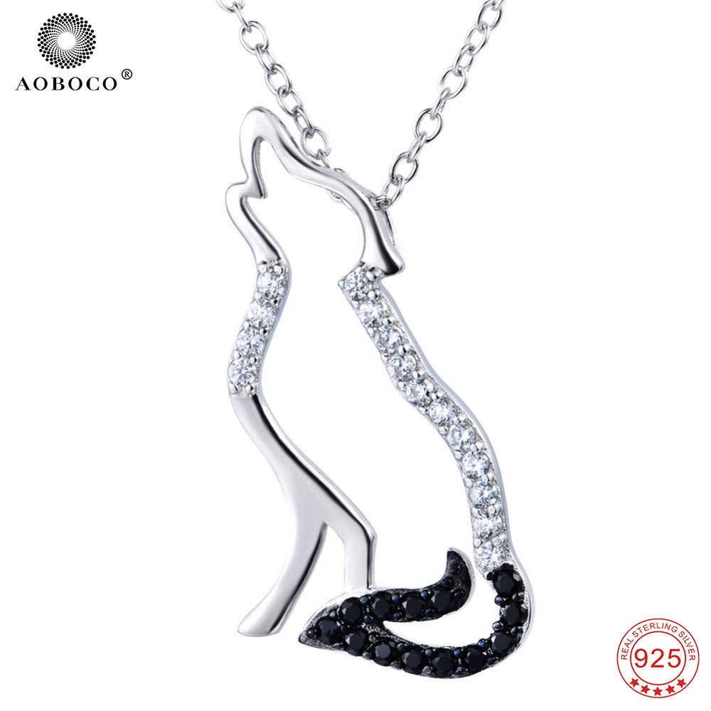 Genuine 925 Sterling Silver Animal Pendant Necklace Fashion Men Jewelry Black and White Cubic Zirconia Wolf Necklace GNX0004