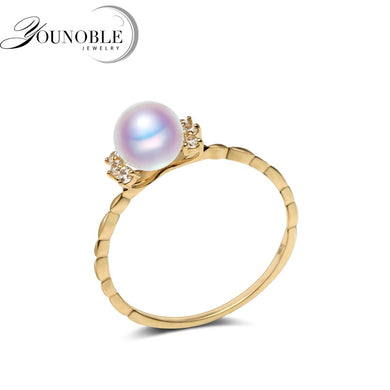 Genuine Wedding 18K Yellow Gold Ring Round Natural Akoya Pearl Ring Fine Jewelry Bridal Women Girls Gift in Box