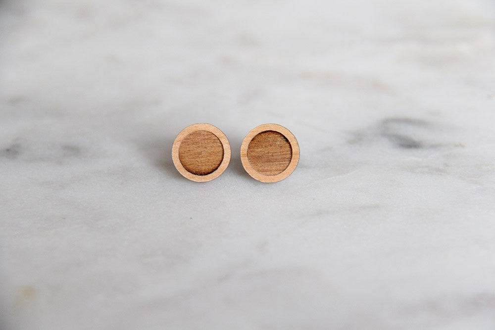 Geometric Engraved Earrings Round Stud Double Circle Earrings Wooden Earring Handmade Earrings X 1 Pair