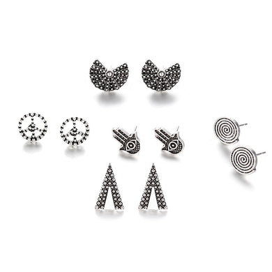Set di orecchini geometrici con segno di pace e mano di Fatima, triangolo color argento antico, da donna, con ciondolo rotondo, in metallo cavo, 5 paia 