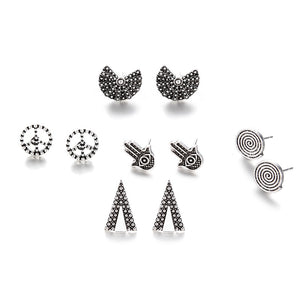 Geometric Peace Sign Fatima Hand Triangle Antique Silver Color Earrings Set Women Hollow Metal Round Charm Stud Earring 5 pairs