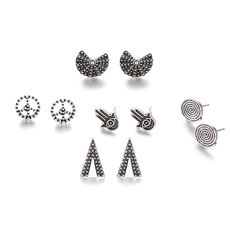 Geometric Peace Sign Fatima Hand Triangle Antique Silver Color Earrings Set Women Hollow Metal Round Charm Stud Earring 5 pairs