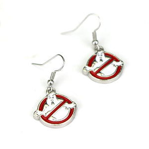 Ghostbusters Earrings Silver Red White Enamel Halloween Ghost Pendant Ghostbusters Logo Drop Earrings Halloween Jewelry