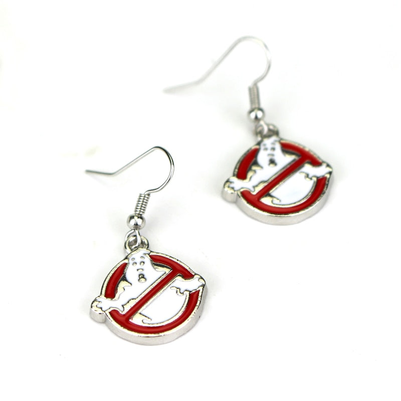 Ghostbusters Earrings Silver Red White Enamel Halloween Ghost Pendant Ghostbusters Logo Drop Earrings Halloween Jewelry