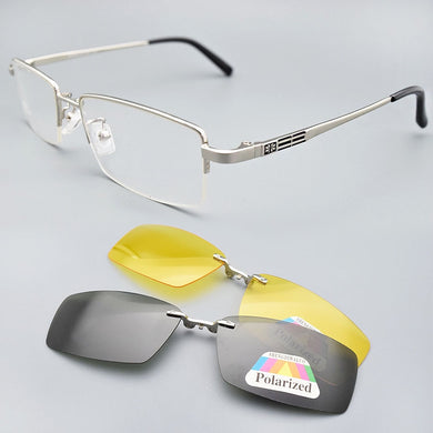 Glasses Frame For Men + 2PCS Magnetic Clip-on Sunglasses UV400 Yellow Polarized Night Vision Goggles Silver Driving Mirror