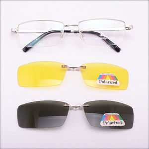 Glasses Frame For Men + 2PCS Magnetic Clip-on Sunglasses UV400 Yellow Polarized Night Vision Goggles Silver Driving Mirror