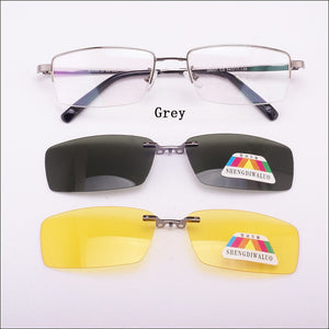 Glasses Frame For Men + 2PCS Magnetic Clip-on Sunglasses UV400 Yellow Polarized Night Vision Goggles Silver Driving Mirror