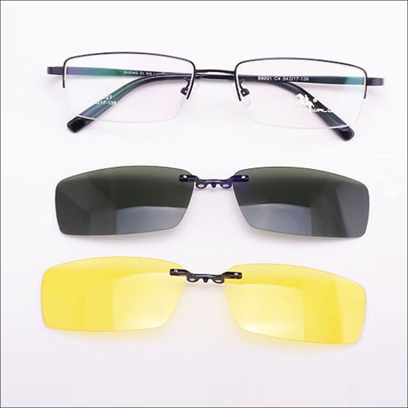 Glasses Frame For Men + 2PCS Magnetic Clip-on Sunglasses UV400 Yellow Polarized Night Vision Goggles Silver Driving Mirror