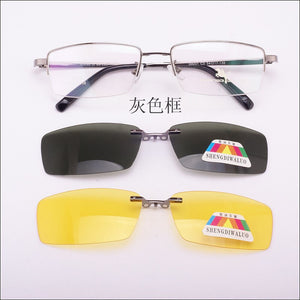 Glasses Frame For Men + 2PCS Magnetic Clip-on Sunglasses UV400 Yellow Polarized Night Vision Goggles Silver Driving Mirror