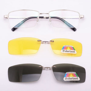 Glasses Frame For Men + 2PCS Magnetic Clip-on Sunglasses UV400 Yellow Polarized Night Vision Goggles Silver Driving Mirror
