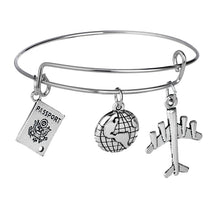 Load image into Gallery viewer, Globe Earth Airplane Keychain Camera Passport Compass Pendant Wanderlust Travelers Necklace Travel Bangle Bracelet Jewelry Gifts