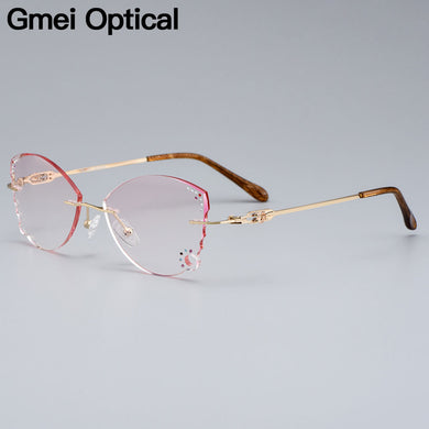 Gmei Optical Alloy Women Golden Rimless Glasses Frame Z2872 With Cat Style Diamond Trimming Cut Gradient Pink Tinted Plano Lens