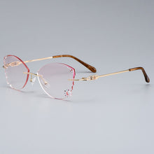 Load image into Gallery viewer, Gmei Optical Alloy Women Golden Rimless Glasses Frame Z2872 With Cat Style Diamond Trimming Cut Gradient Pink Tinted Plano Lens