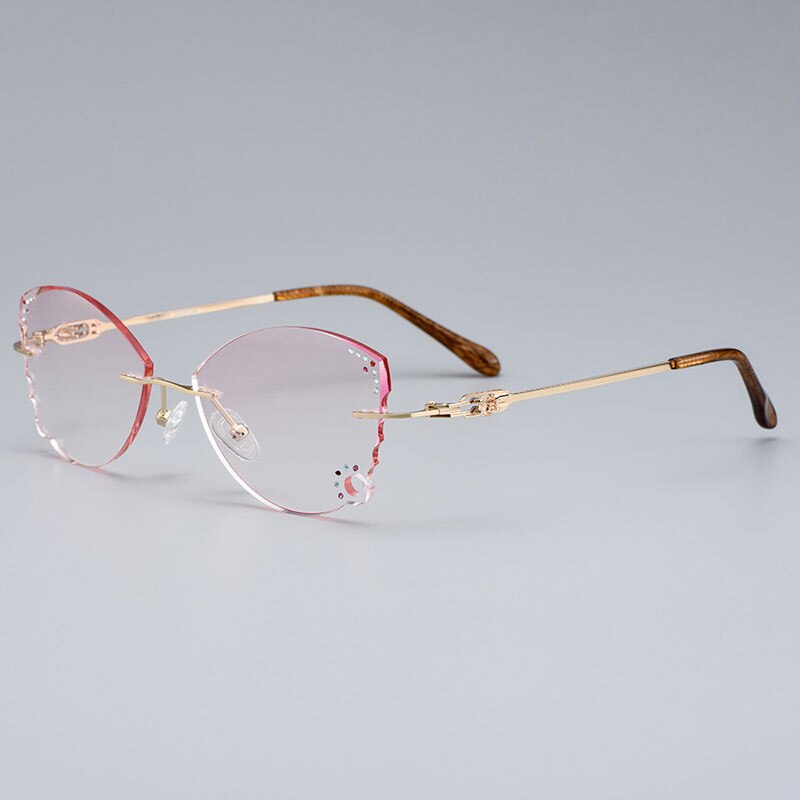 Gmei Optical Alloy Women Golden Rimless Glasses Frame Z2872 With Cat Style Diamond Trimming Cut Gradient Pink Tinted Plano Lens