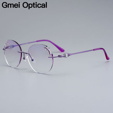 Gmei Optical Delicate Women Purple Rimless Glasses Frame Z2877 With Round Diamond Trimming Cut Gradient Tinted Plano Lenses