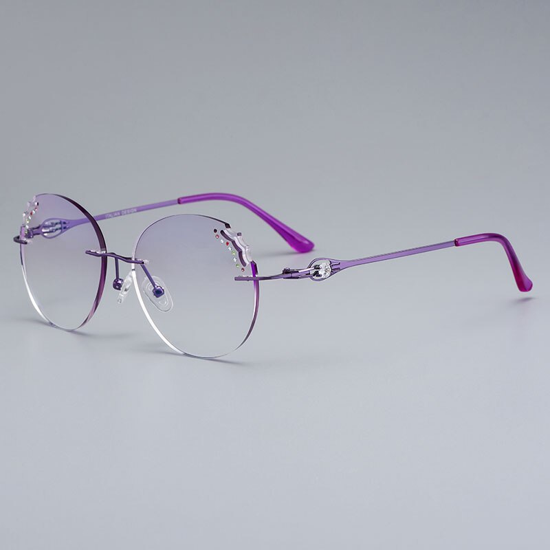 Gmei Optical Delicate Women Purple Rimless Glasses Frame Z2877 With Round Diamond Trimming Cut Gradient Tinted Plano Lenses