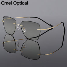 Load image into Gallery viewer, Gmei Optical Golden Titanium Alloy Men&#39;s Rimless Glasses Frame With Gradient Grey Tint Plano Lenses And Black Border Q90010