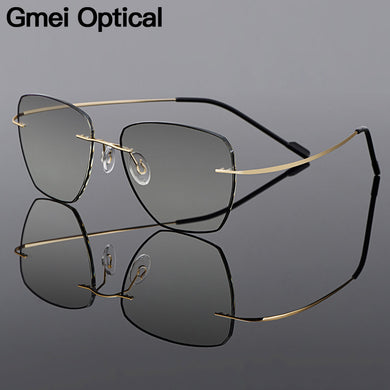 Gmei Optical Golden Titanium Alloy Men's Rimless Glasses Frame With Gradient Grey Tint Plano Lenses And Black Border Q90010
