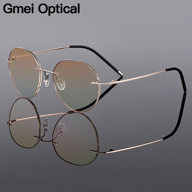 Gmei Optical Golden Titanium Alloy Rimless Women Glasses Frame Gradient Tinted Plano Lenses Coloured Border Men's Eyewear Q90020