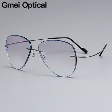 Gmei Optical Grey Titanium Alloy Men's Rimless Glasses Frame With Gradient Grey Tint Plano Lenses And Blue Border T80893