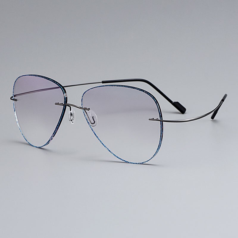 Gmei Optical Grey Titanium Alloy Men's Rimless Glasses Frame With Gradient Grey Tint Plano Lenses And Blue Border T80893