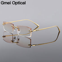 Carica l&#39;immagine nel visualizzatore di Gallery, Gmei Optical Rectangle Golden Titanium Alloy Men&#39;s Diamond Trimming Rimless Glasses Frame Gradient Brown Tint Plano Lenses Q6607